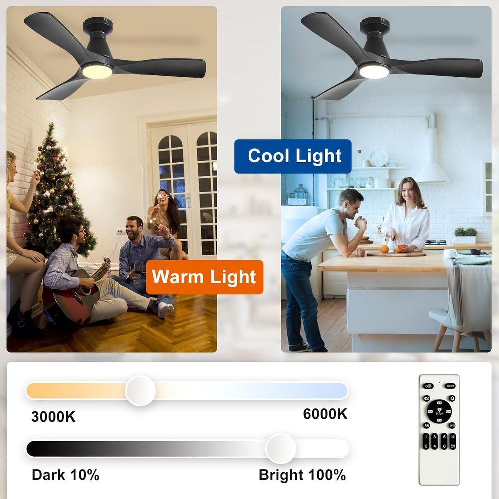42-Inch Ceiling Fan, Black 3 Blade Flush Mount, Dimmable Indoor Outdoor, Remote - Picture 6 of 7